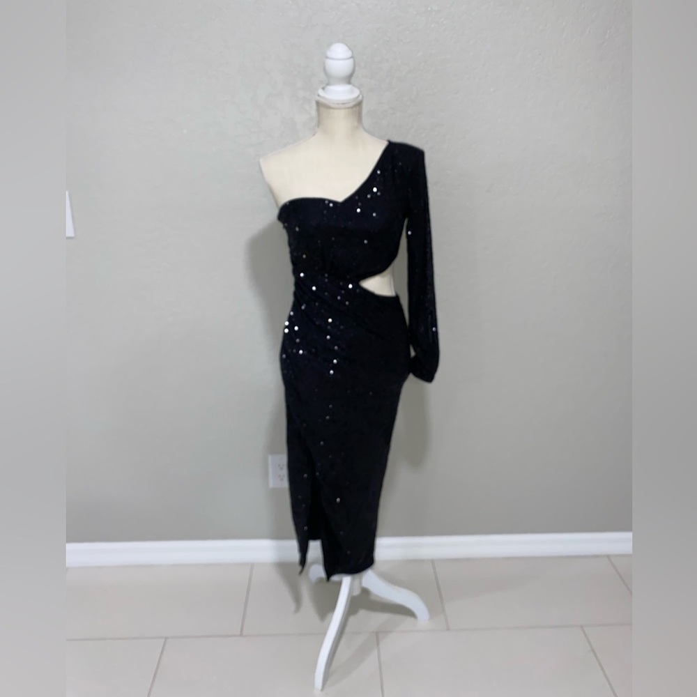 SHEIN - One Shoulder Split Thigh Sequin Dress - Black - Small (4)